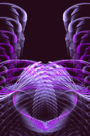 Abstract fractal background resembling bird wings. Pink, purple and white fractal with stylized wings on a black background. 3d illustrationの写真素材