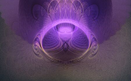 Abstract rounded fractal background with glowing rays. Purple, yellow and brown scalloped fractal pattern. 3d illustrationの写真素材