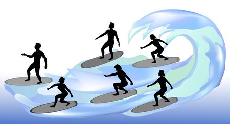 Silhouettes of surfers on waves. Boys and girls surf on the waterのイラスト素材