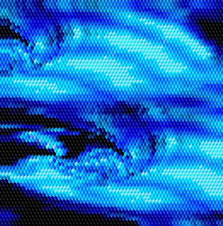 Abstract mosaic background of cubes resembling big turbulent wave. Dark blue, blue and black background of cubesのイラスト素材