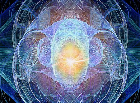 Abstract fractal background with intertwined threads and glowing light in the center. Blue, turquoise and yellow fractal. 3d illustrationの写真素材