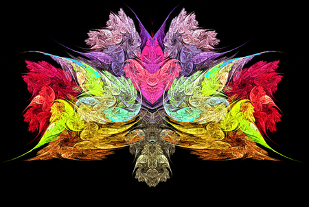 Abstract colorful fractal resembling bouquet of flowers and heart. Red, yellow, pink, green, blue and purple fractal with stylized flowers on a black background. 3d illustrationの写真素材
