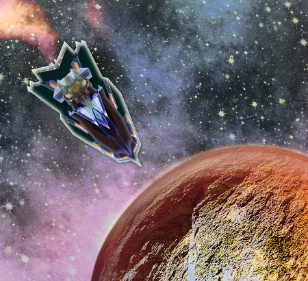 Space shuttle landing on an unknown planet. Spaceship approaching the surface red hot planet. 3d illustrationの写真素材