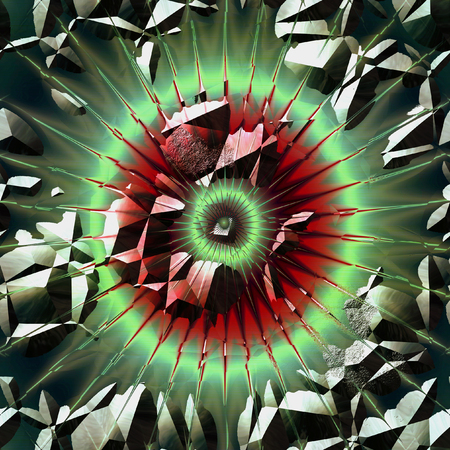 Abstract scratched background with rays and crack. Red, green, white and black background resembling an explosion in space. 3d illustrationの写真素材