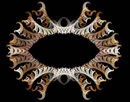 Abstract fractal frame with scalloped structure. Brown, white, yellow, orange and gray oval fractal of intertwined spiral curls. 3d illustrationの写真素材