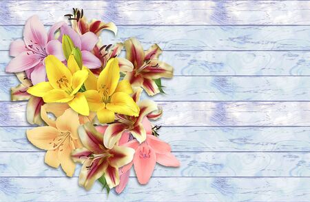Bouquet of lilies on a grunge wooden background. Pink, red, yellow and white flowers on a light blue and white wooden cracked backgroundの写真素材