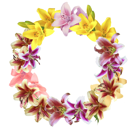 Wreath of lilies on a white background. Red, pink, yellow and green wreath of flowersの写真素材