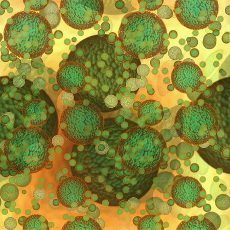 Organic background with viruses infecting organism. Green and red replicating wrinkled bacteria on an orange and yellow organic tissue. 3d illustrationの写真素材