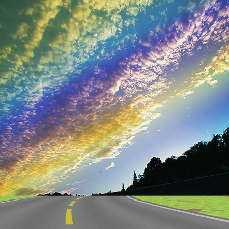 Landscape with road, silhouettes of trees, grass and rainbow clouds. Highway with dramatic sky, clouds and treesの写真素材