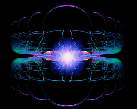 Abstract dark fractal background with arcs, lines and glowing light in the center. Blue, purple,...