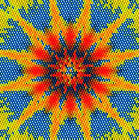 Abstract glowing mosaic background of cubes resembling sun and blue sky. Yellow, red and orange glowing object with rays on a blue backgroundのイラスト素材