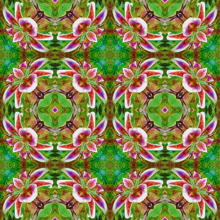 Seamless exotic pattern of tropic flowers. Kaleidoscopic red, green, white, pink and orange pattern with orchidsの写真素材