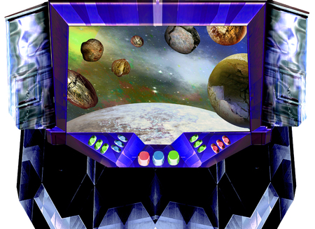 Space ship control panel with window looking into space. Spacecraft cabin with controls, meteorites and unknown planet. 3d illustrationの写真素材