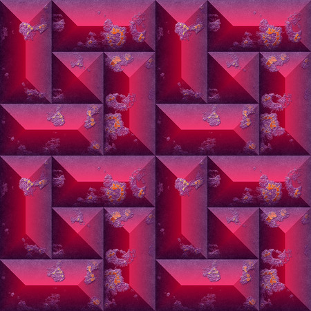 Seamless relief mosaic pattern of scratched weathered blocks. Red, orange and purple seamless background of beveled rectangular stones. 3d renderingの写真素材
