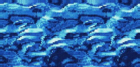 Abstract wavy background of cubes resembling water surface. Blue, white and dark blue rippling mosaic backgroundのイラスト素材