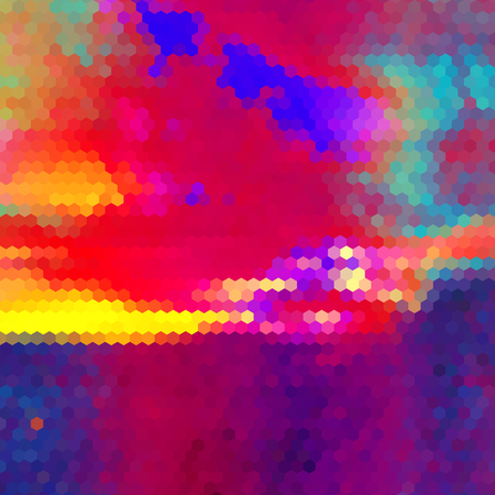 Abstract landscape of hexagons. Red, blue, purple and yellow dramatic sky resembling sunsetのイラスト素材