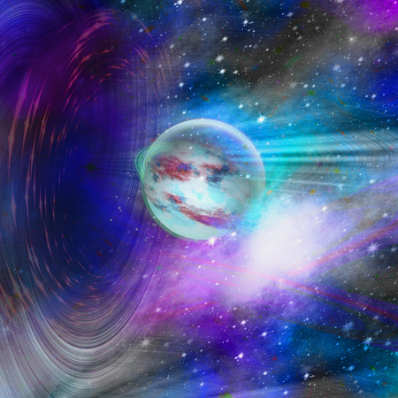 Black hole absorbing the abstract planet. Unknown celestial body flying through the universe. 3d illustrationの写真素材