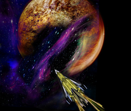 Spaceship approaching an unknown planet. Space shuttle pointing to the red cracked planet. 3d illustrationの写真素材