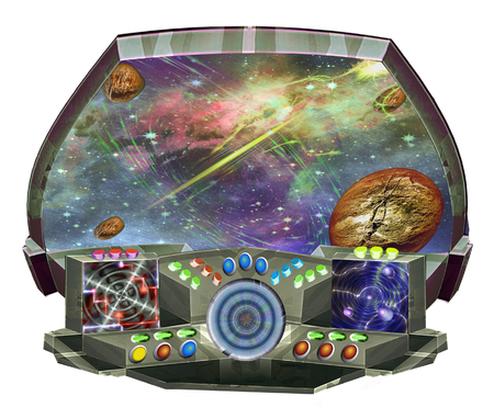 Space flight simulator with control panels and screen. Spacecraft cabin with control buttons, radar, meteorites and unknown planet. 3d illustrationの写真素材