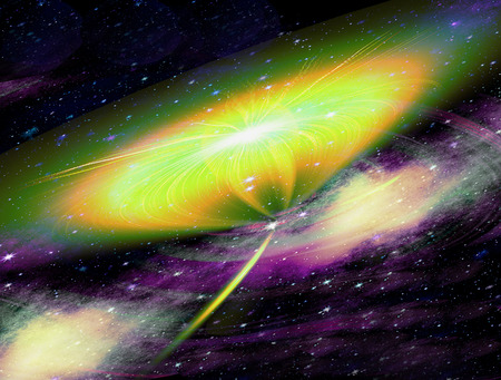 Abstract nebula with stars and supernova explosion. Black, purple, white, orange, green and yellow burst in space. 3d illustrationの写真素材