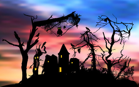 Scary halloween house in a terrifying forest with owl and birds. Halloween landscape with haunted forest, abandoned ghost house and dramatic skyのイラスト素材