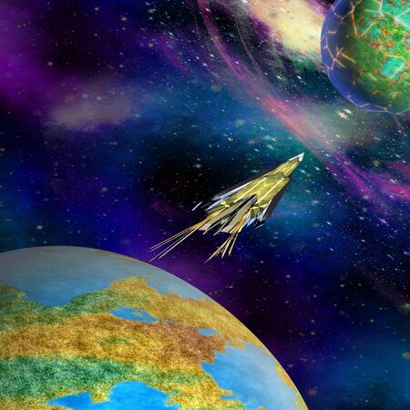 Spacecraft starting from Earth on an unknown planet. Space expedition flying from Earth to space. 3d illustrationの写真素材