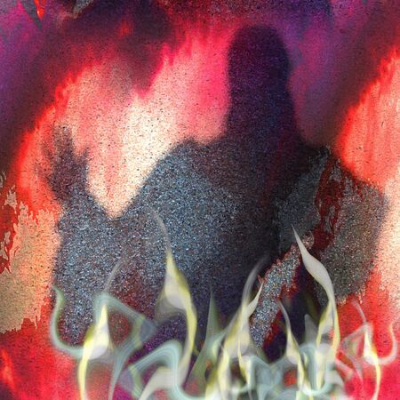 Halloween grunge background with warlock and flames. Red, purple and white scary scratched background with smoke, fire and silhouette of mysterious personの写真素材