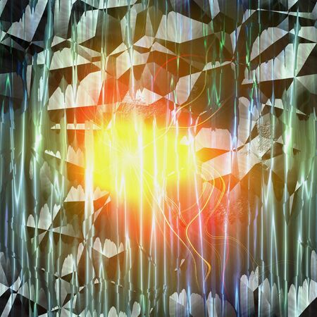 Abstract cracked background with rays and glowing light. Green rays resembling aurora and yellow shining hot objectの写真素材