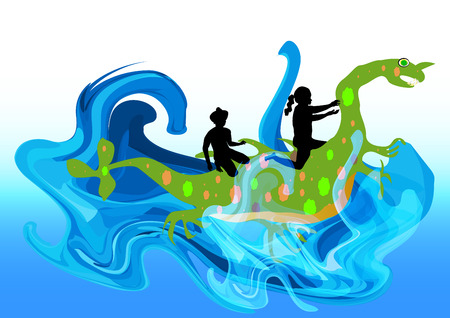 Water monster carrying children on the spine. Cute water dragon with boy and girl in the wavesのイラスト素材