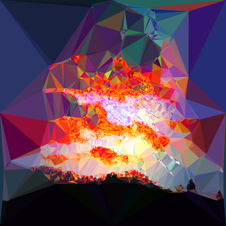 Abstract background of polygons resembling landscape with dramatic sky at sunset.Red, dark blue, orange and yellow background with silhouettes of black landscapeのイラスト素材