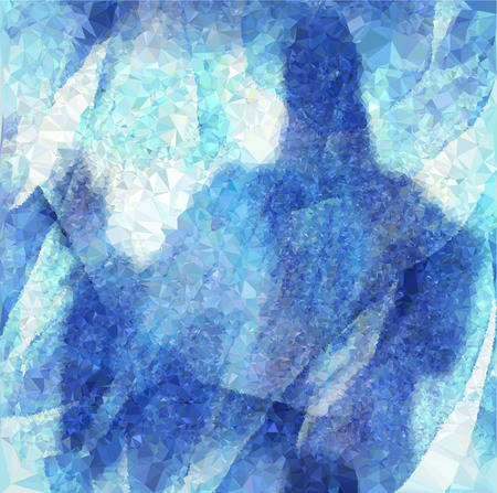 Winter background of crystals and polygons with silhouette of a mysterious person behind the ice wall. White and blue background of ice crystals and dark blue silhouetteのイラスト素材