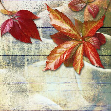 Autumn grunge wooden background of planks with colorful leaves. Scratched weathered wooden board with red, orange and yellow leaves. 3d illustration,の写真素材