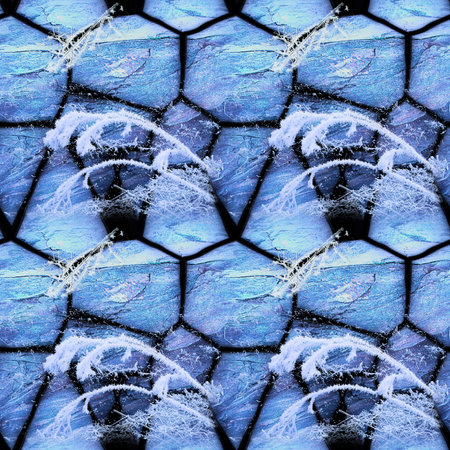 Winter seamless mosaic pattern of cracked stones and frozen plants. Blue and white seamless...