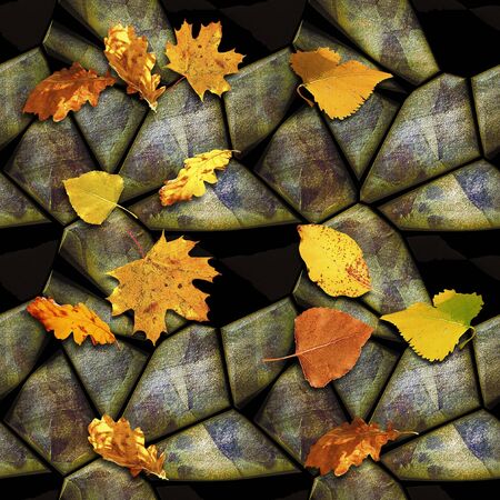 Autumn seamless relief stone pattern with colorful leaves. Yellow, orange and red leaves on a background of polygonal stones. 3d renderingの写真素材