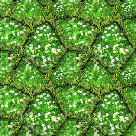 Natural seamless pattern of green stones with daisies and grass. Green and white relief pattern with spring flowers, clover and tufts of grass. 3d renderingの写真素材