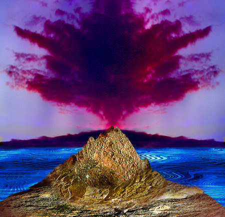 Lava island with volcano, sea and red smoke. Landscape with a volcano erupting. 3d illustrationの写真素材