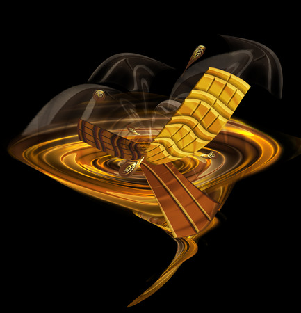 Chocolate whirlpool with swirling chocolate bars and smoke. Hot chocolate drink with drops and dissolving pieces of chocolate. 3d illustrationの写真素材