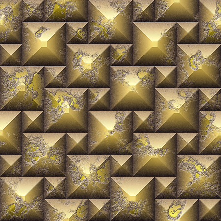 Seamless relief 3d mosaic pattern of weathered cubes. Gold and yellow scratched stone background of beveled cubes. 3 renderingの写真素材