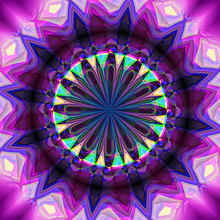 Abstract rotating background with kaleidoscopic object creating an illusion of movement. Blue, pink, purple, green and white psychedelic star-shaped object with rays. 3d renderingの写真素材