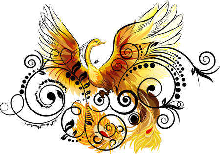 Fabulous bird Phoenix sitting on decorative flower bush.のイラスト素材