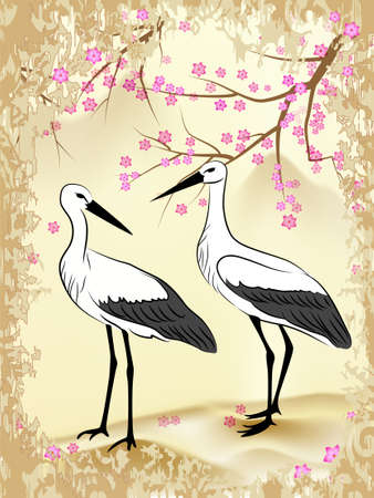Two storks, looking at each other, against the background of branches and flowers Sakura and mountain landscape, painted in Japanese style in shades of yellow and ohristyhのイラスト素材