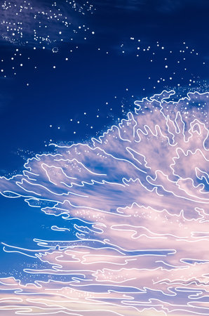 Large white clouds on a blue sky for relaxation drawn by freehand pencil. Stars and shines on the...