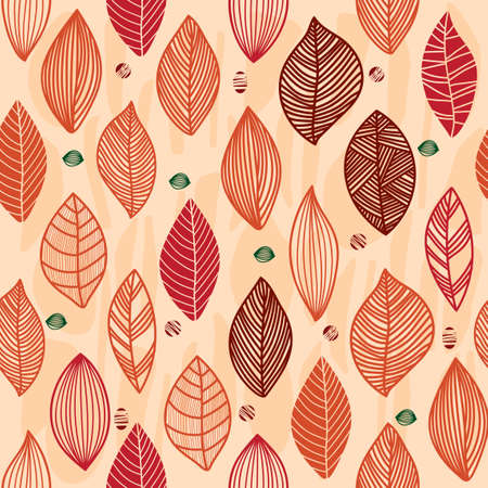 Red, brown, multi-colored leaves of soft shades of warm colors are drawn by a line. Between the leaves there are different small seeds and berry of brown and green. Monotone background with decorative elements of an abstract form of neutral beige color.のイラスト素材