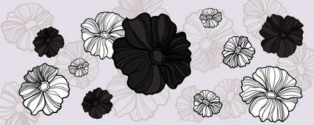 Black and white flowers on a gray background. hand drawn line wild poppy, daisy, chrysanthemum, peony.のイラスト素材
