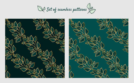 Leaves, branches on a geometric background of rhombuses. Set of seamless pattern in green, gold colors in a monochrome tone. Ornament for modern home textiles, interior wallpapers and other design ideas.のイラスト素材
