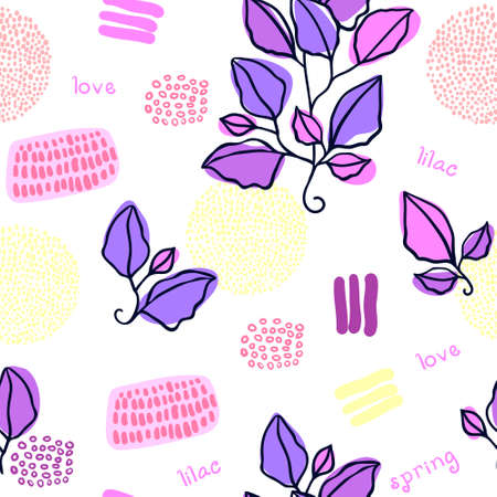 Seamless ornament in style Doodle. pink, violet, plants graphical elements of yellow and red. Isolated white background.のイラスト素材