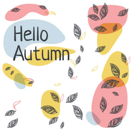 Greeting card Hi Autumn. Stylized fall of leaves in the wind, drawn using the technique of colorful spots of pink, yellow, blue. in doodle style Isolated over white background.の写真素材