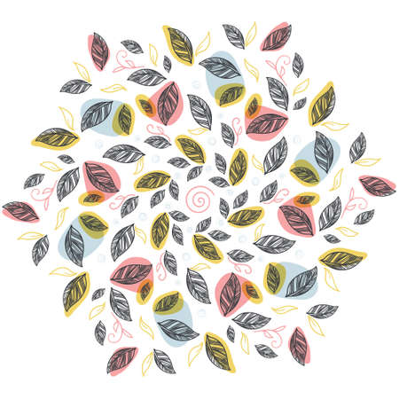 Mandalas. Round Indian Ornament Multicolored Trend Pattern. Hand drawing black leaves are flying on multicolored spots isolated on white background.のイラスト素材