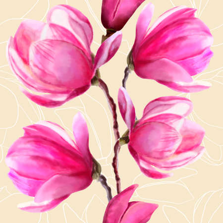 Branch of red pink magnolia flowers on the pastel background. Free hand drawing soft watercolor seamless pattern. Floral design for wallpaper or greeting card.の写真素材