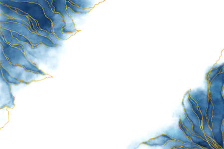 Watercolor background drawn by brush. Blue paints spilled on paper. Golden shiny veins and cracked marble texture. Elegant luxury wallpaper for design, print, invitations.の写真素材
